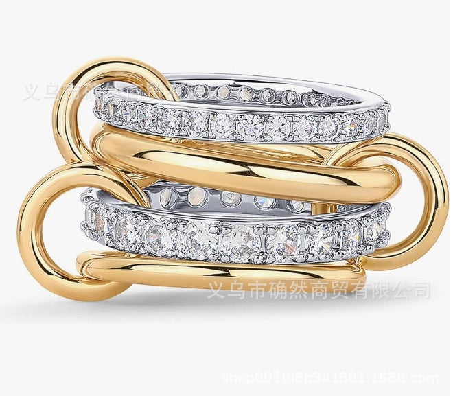 LUMNJWL |stainless steel ring interlocking full diamond zircon ring two-color multi-element